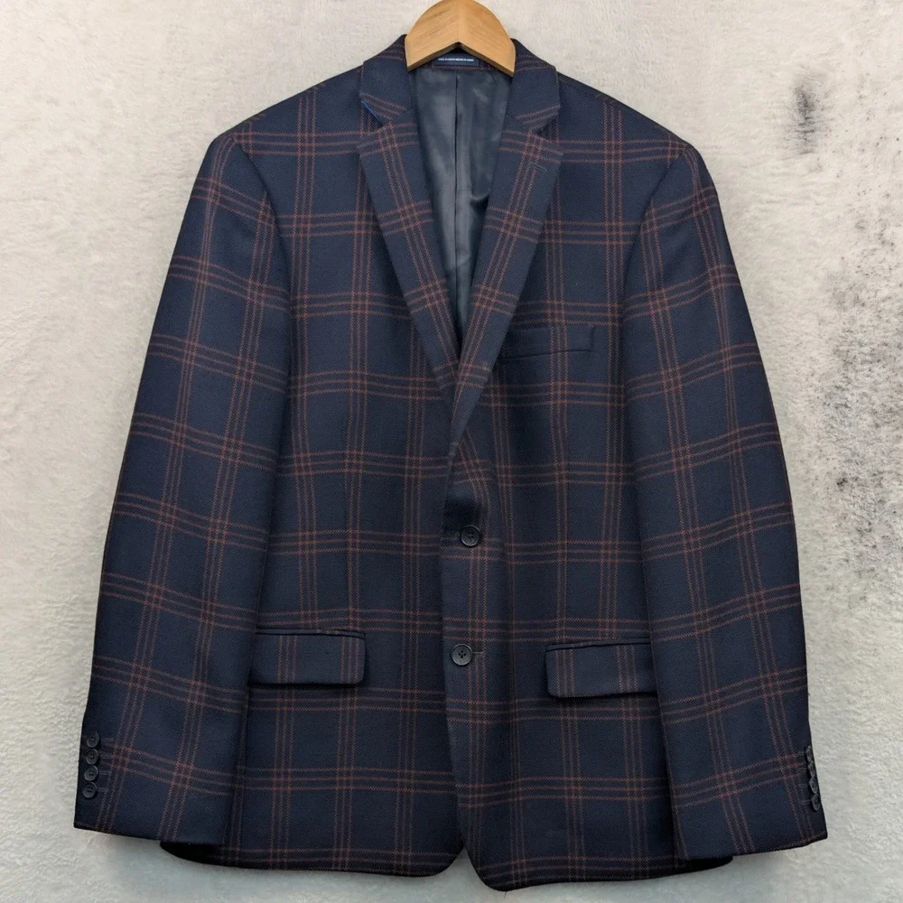Stafford Blazer Men's 44R Navy Blue Rust Plaid Wool Slim Fit Business Windowpane